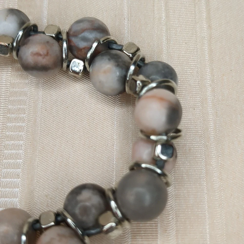 Vintage Boho Willamy Jasper Stone Bracelet Pink Grey Silver Size